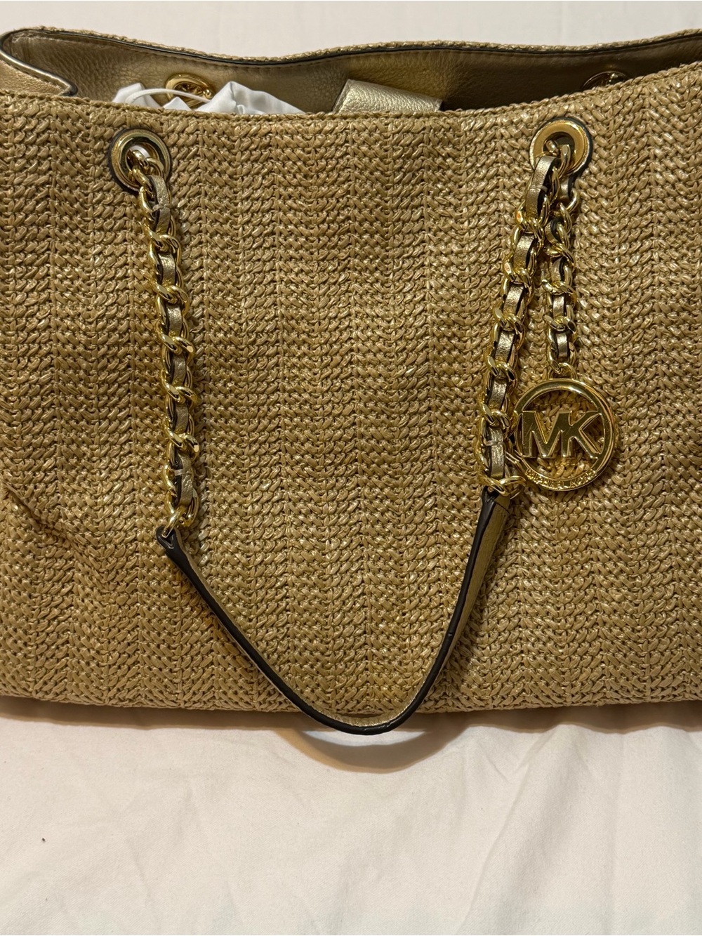 Michael Kors Gold-Tone Straw Tote Chain Handles and MK Charm Susannah Never Used